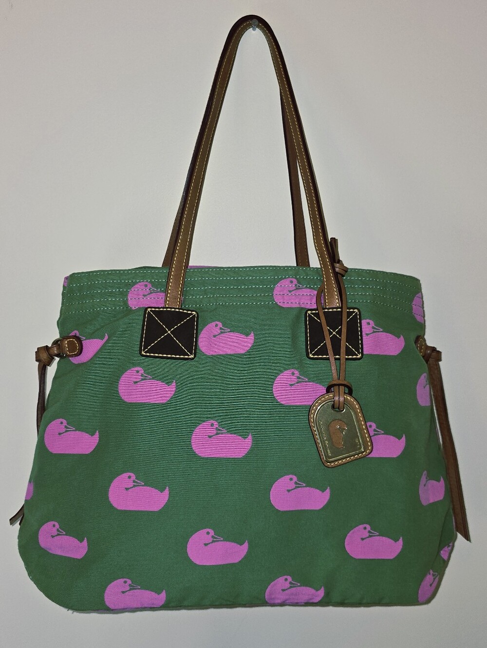 DOONEY & BOURKE Green Cotton Canvas Tote Shoulder Bag Pink Duck Print & Lining